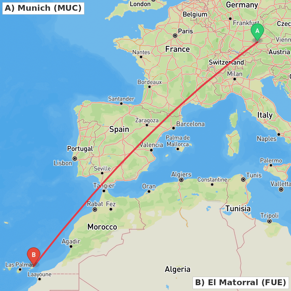 Flight route map from Munich to El Matorral