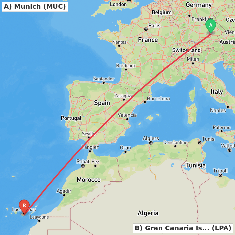 Flight route map from Munich to Gran Canaria Island