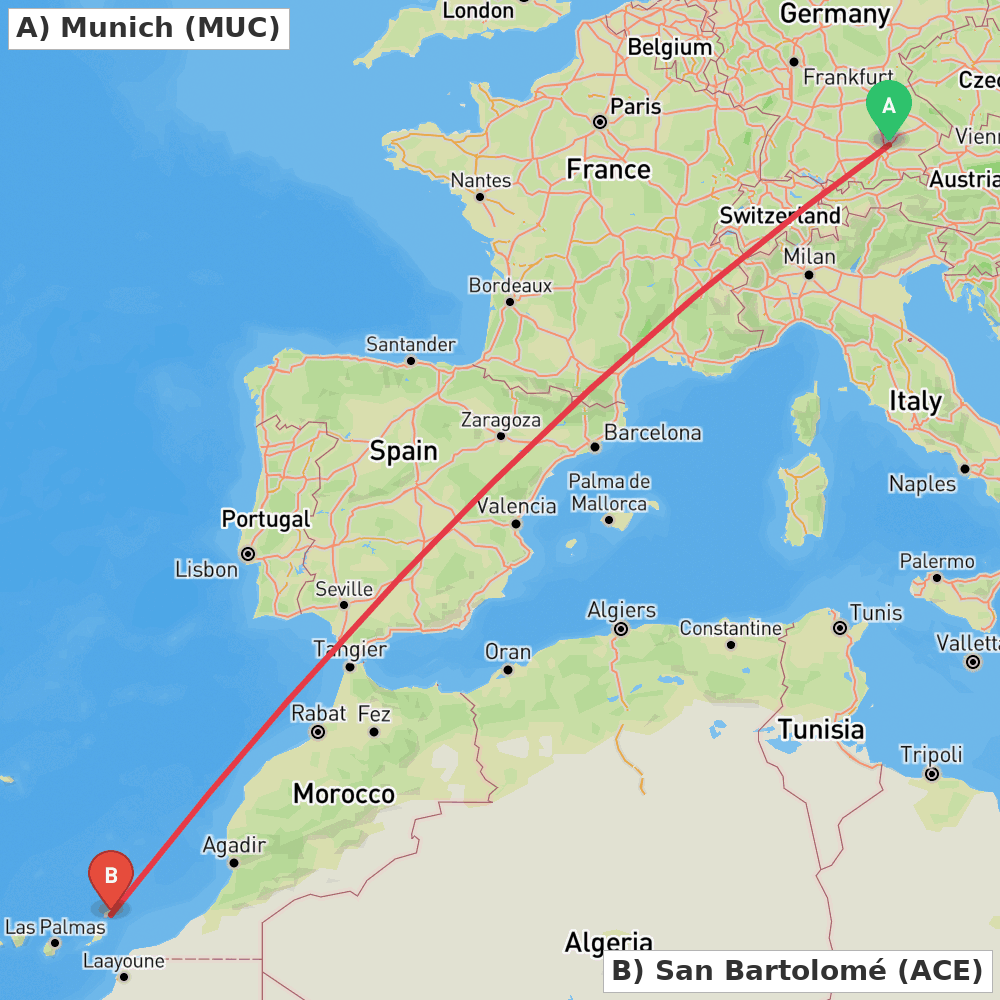 Flight route map from Munich to San Bartolomé