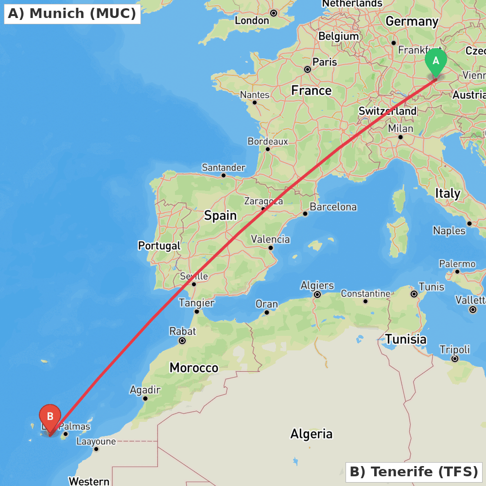 Flight route map from Munich to Tenerife