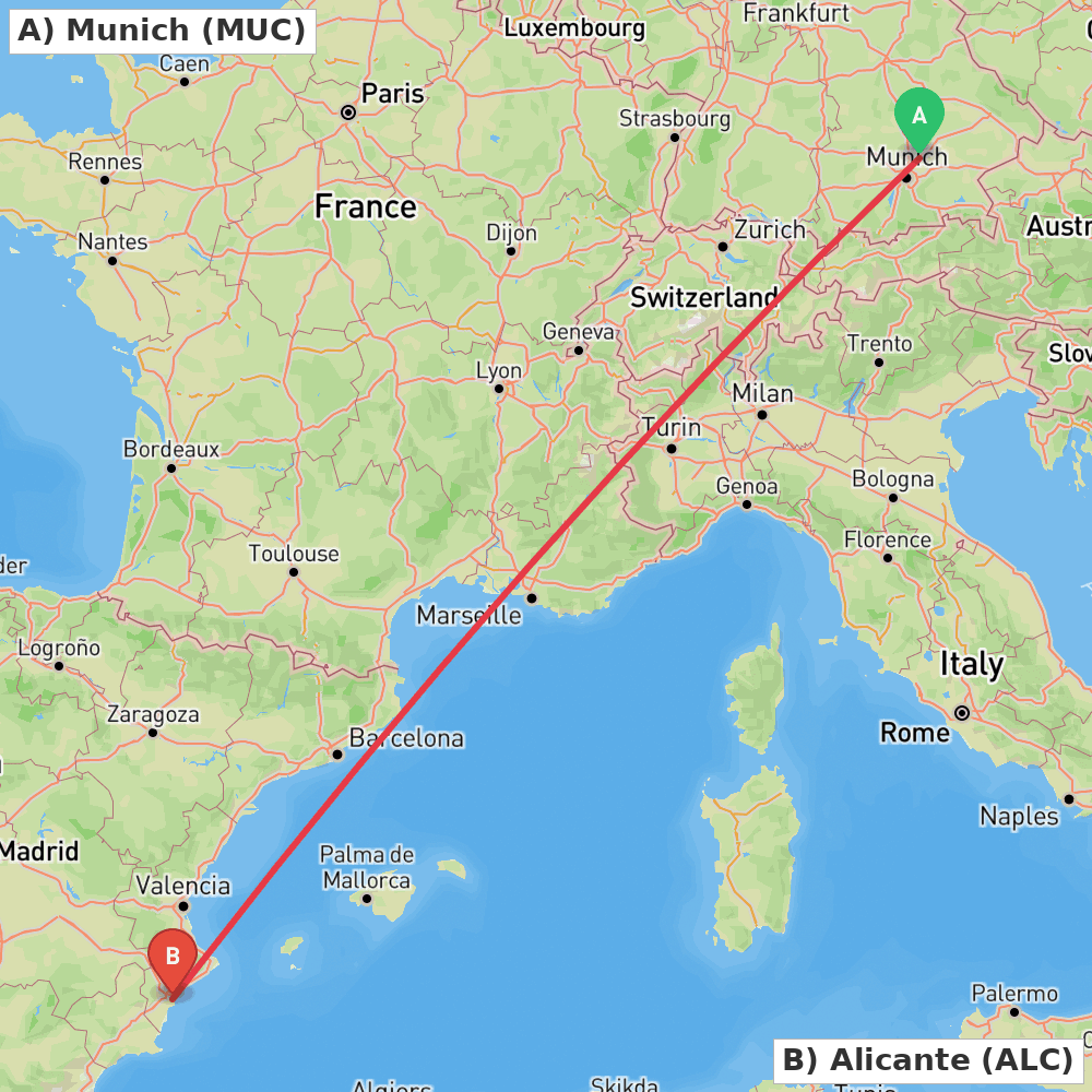 Flight route map from Munich to Alicante