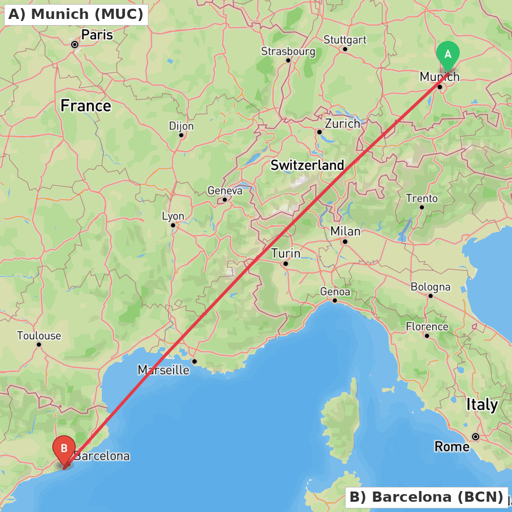 Flight route map from Munich to Barcelona