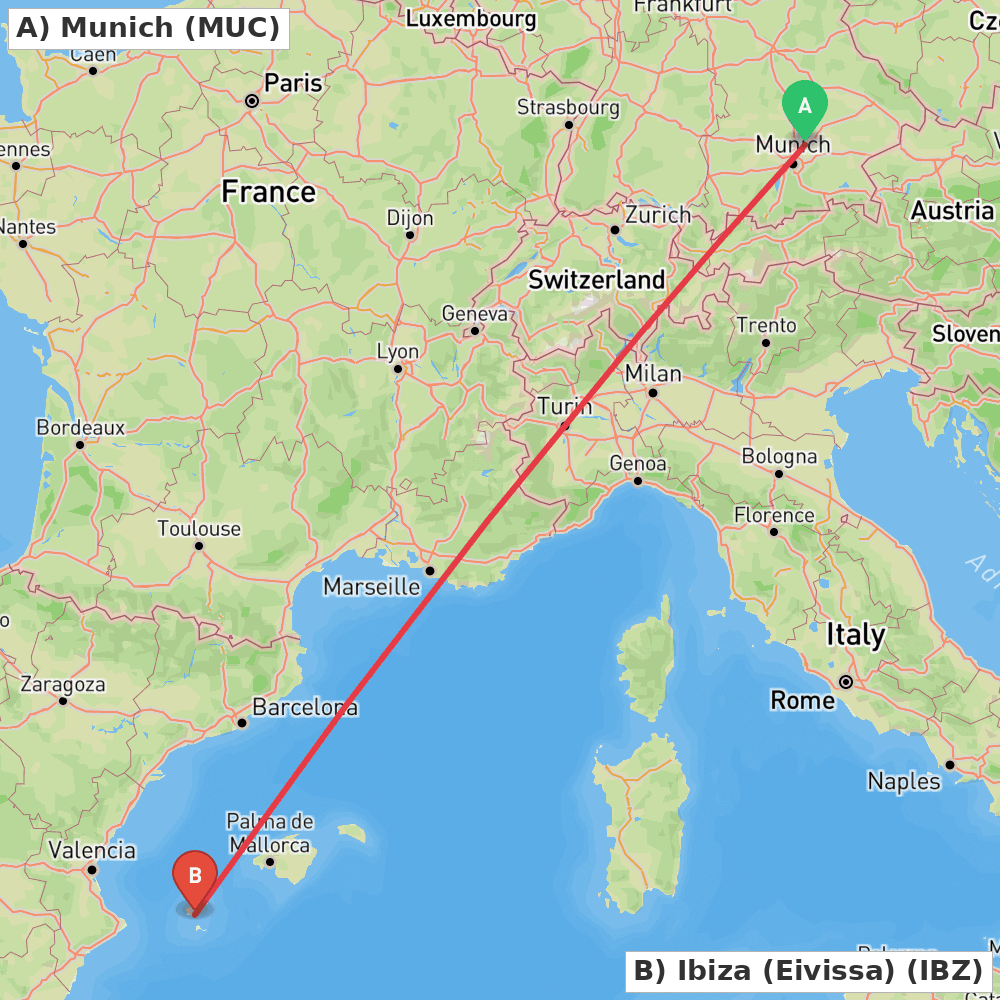 Flight route map from Munich to Ibiza (Eivissa)
