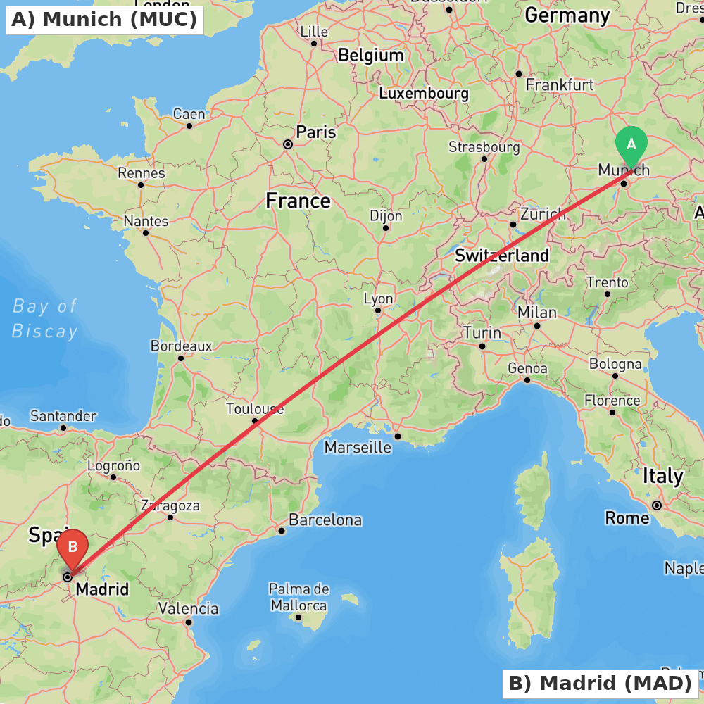 Flight route map from Munich to Madrid