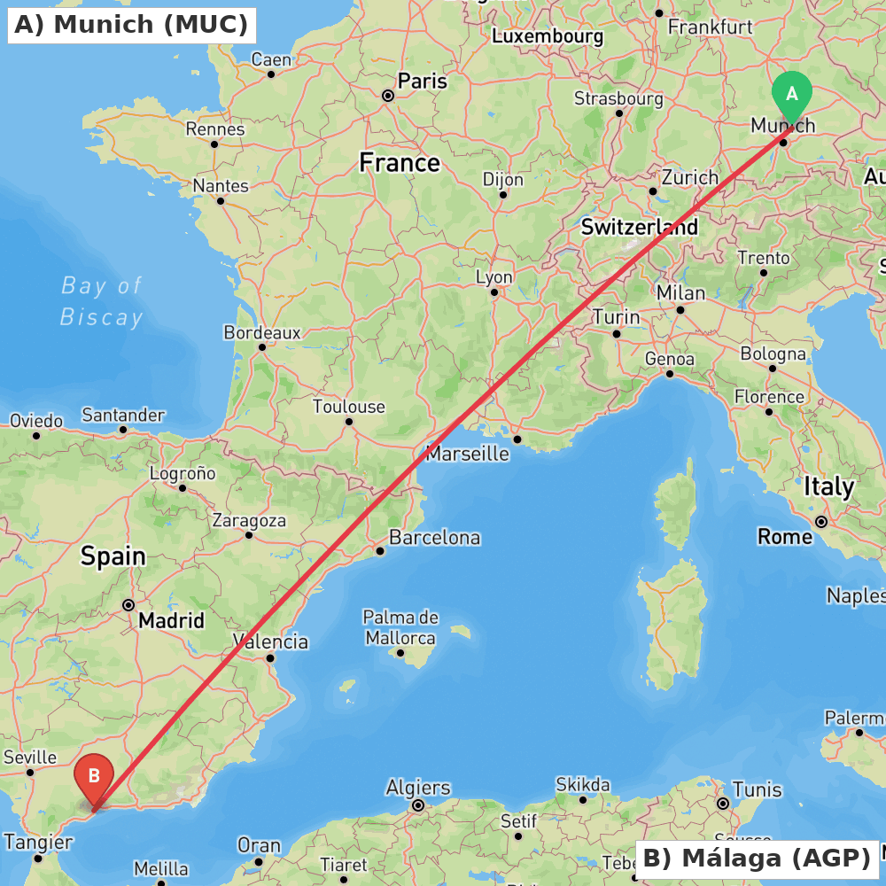 Flight route map from Munich to Málaga