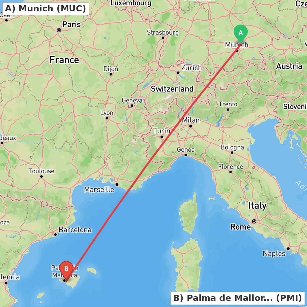 Flight route map from Munich to Palma de Mallorca