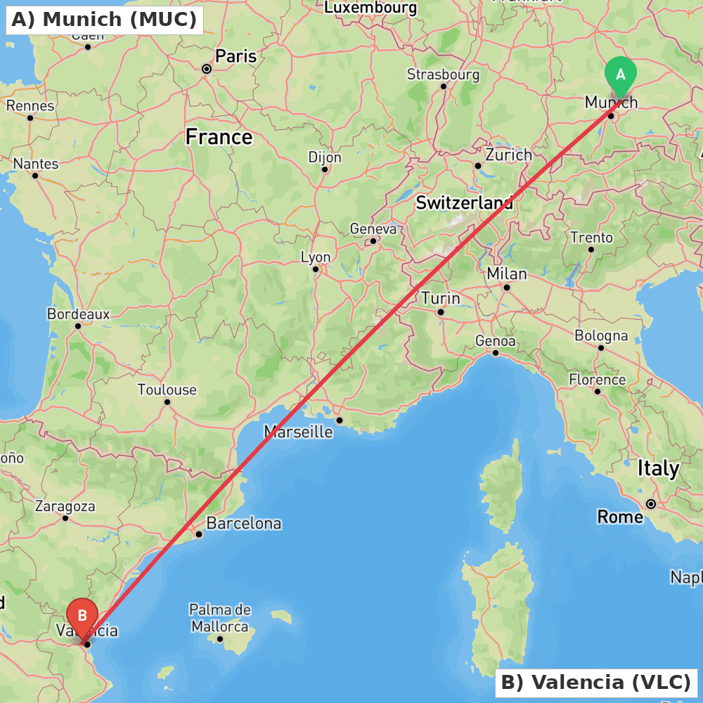 Flight route map from Munich to Valencia