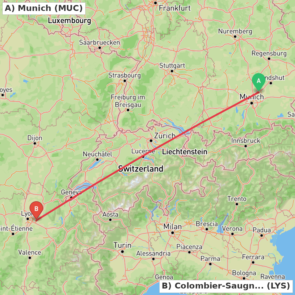 Flight route map from Munich to Colombier-Saugnieu, Rhône