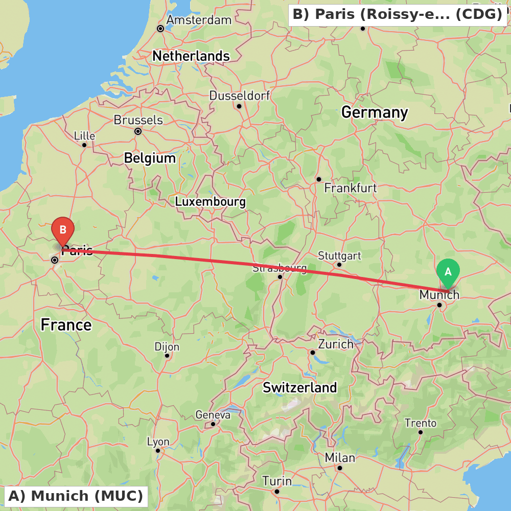 Flight route map from Munich to Paris (Roissy-en-France, Val-d'Oise)