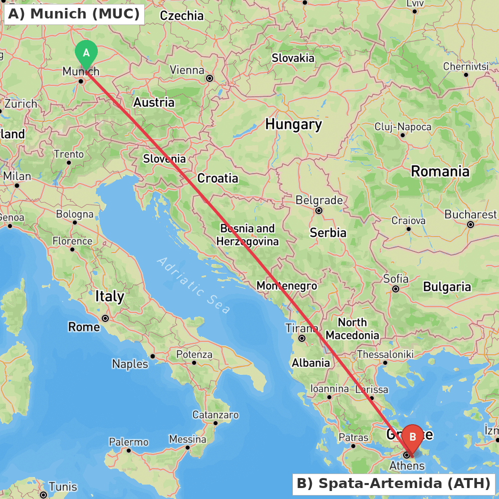 Flight route map from Munich to Spata-Artemida