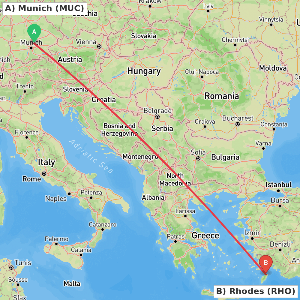 Flight route map from Munich to Rhodes