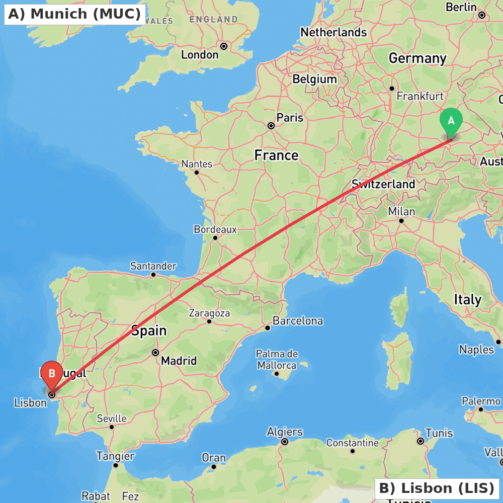 Flight route map from Munich to Lisbon