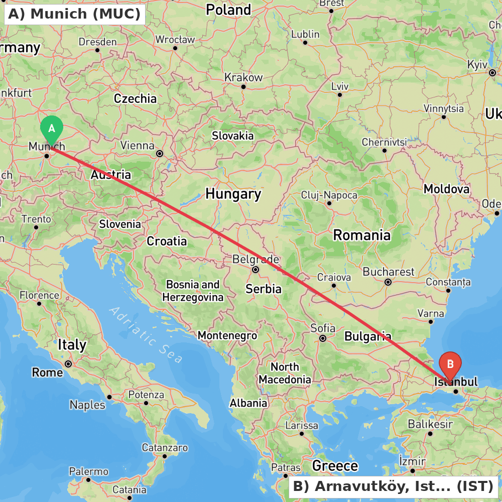 Flight route map from Munich to Arnavutköy, Istanbul