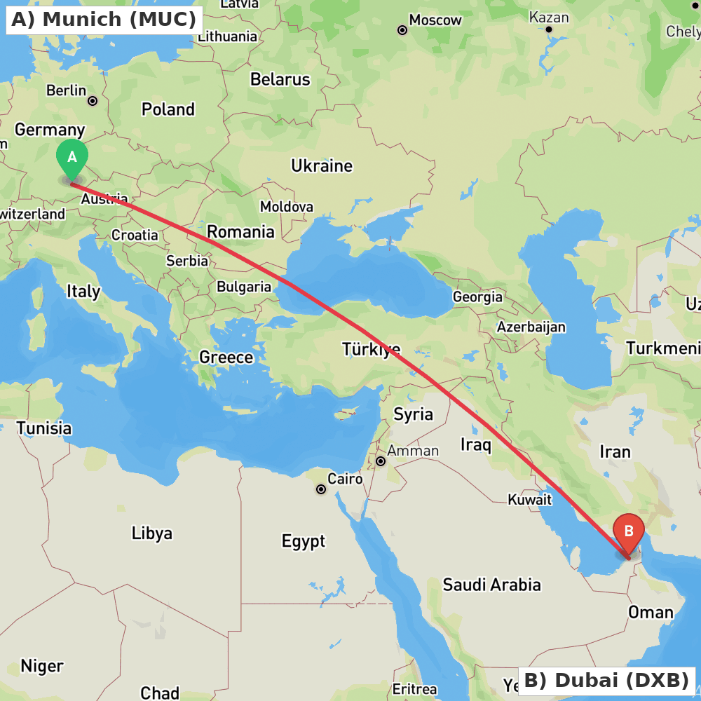 Flight route map from Munich to Dubai
