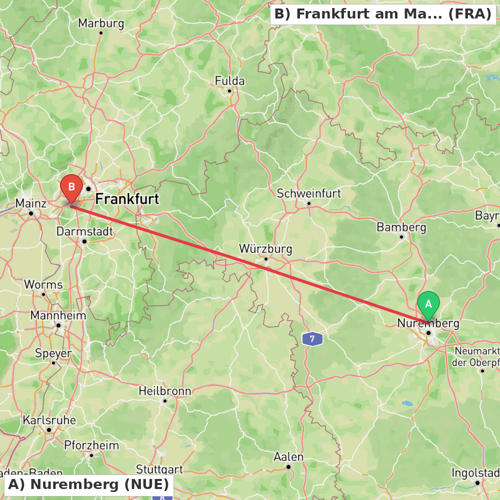 Flight route map from Nuremberg to Frankfurt am Main