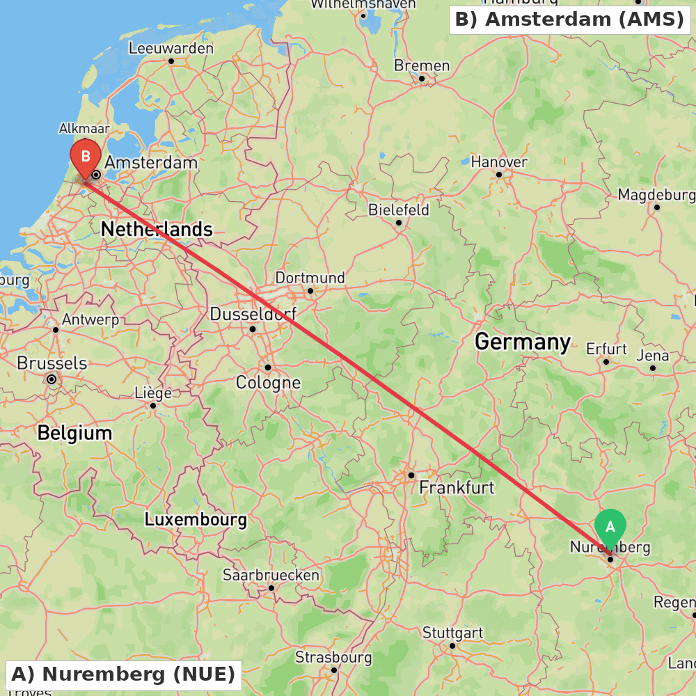 Flight route map from Nuremberg to Amsterdam