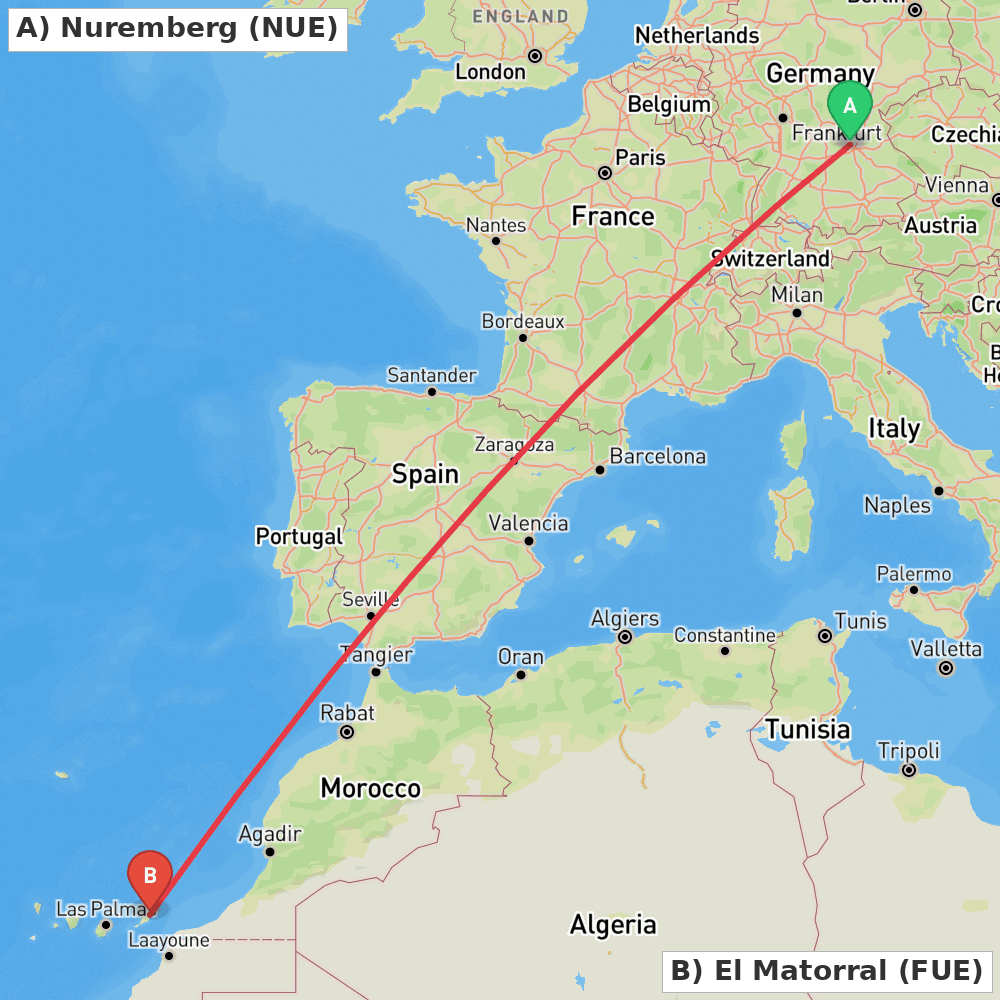 Flight route map from Nuremberg to El Matorral