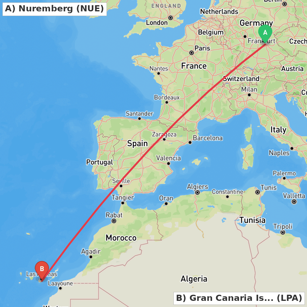 Flight route map from Nuremberg to Gran Canaria Island
