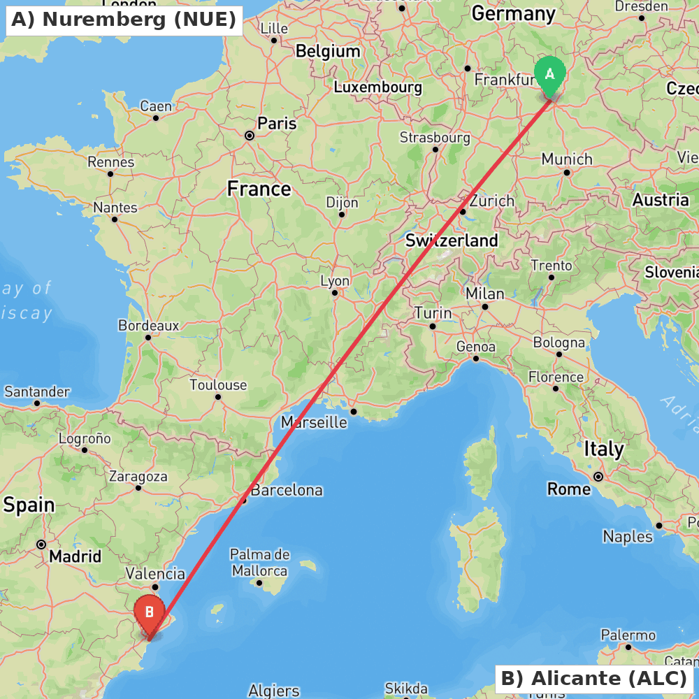 Flight route map from Nuremberg to Alicante