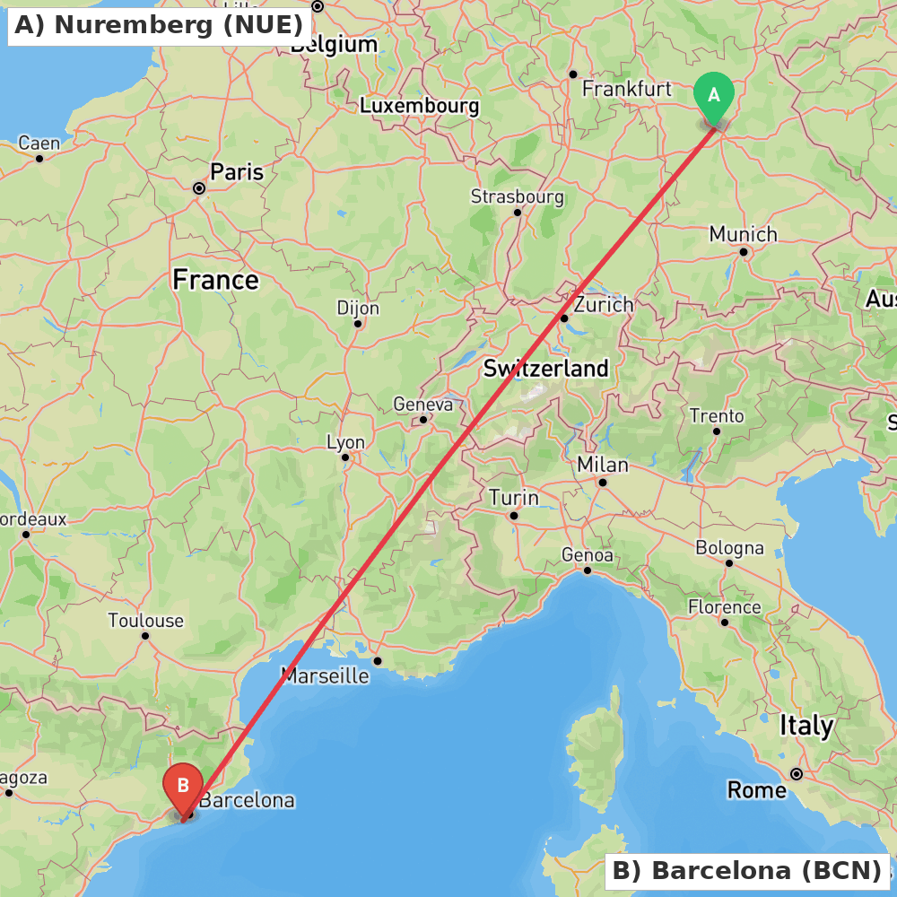 Flight route map from Nuremberg to Barcelona
