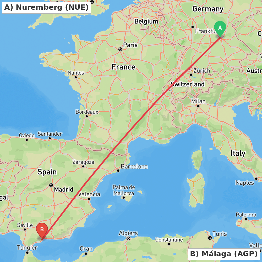 Flight route map from Nuremberg to Málaga
