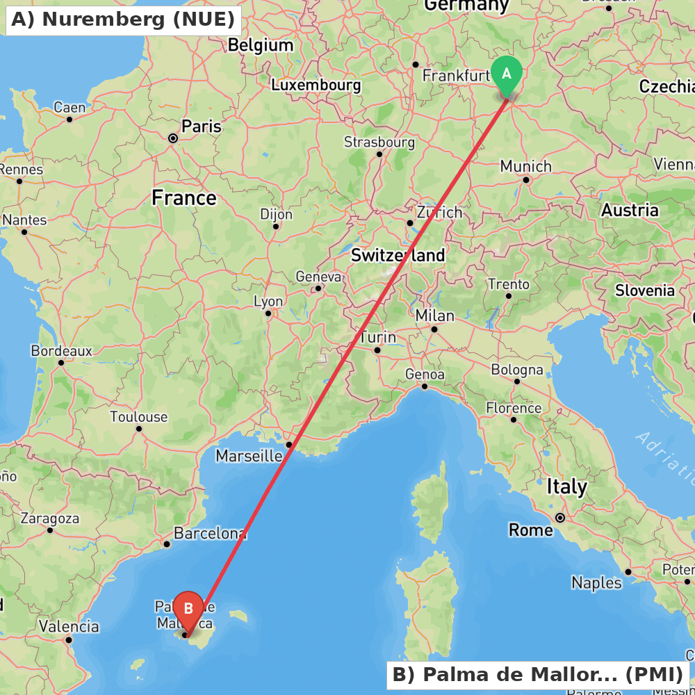 Flight route map from Nuremberg to Palma de Mallorca