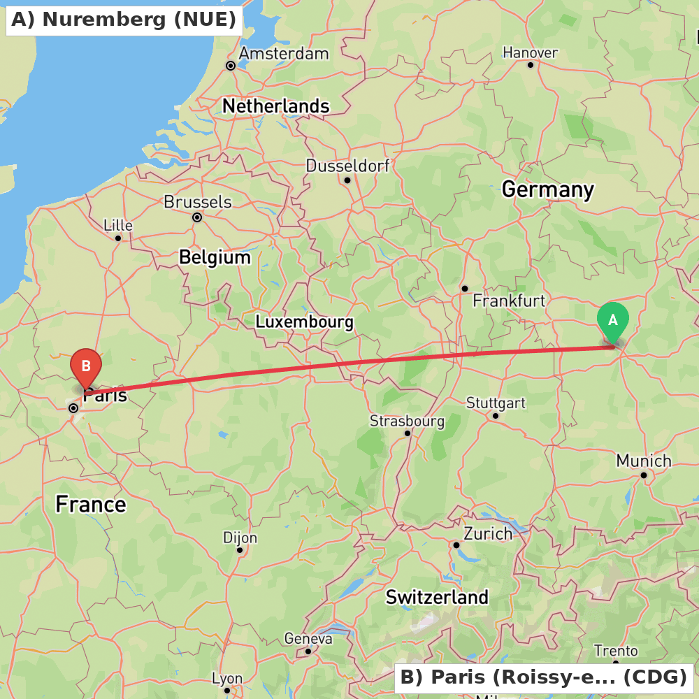 Flight route map from Nuremberg to Paris (Roissy-en-France, Val-d'Oise)