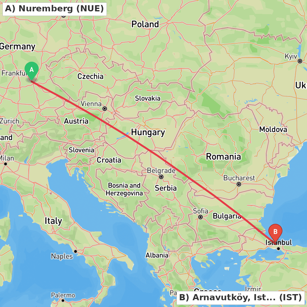 Flight route map from Nuremberg to Arnavutköy, Istanbul