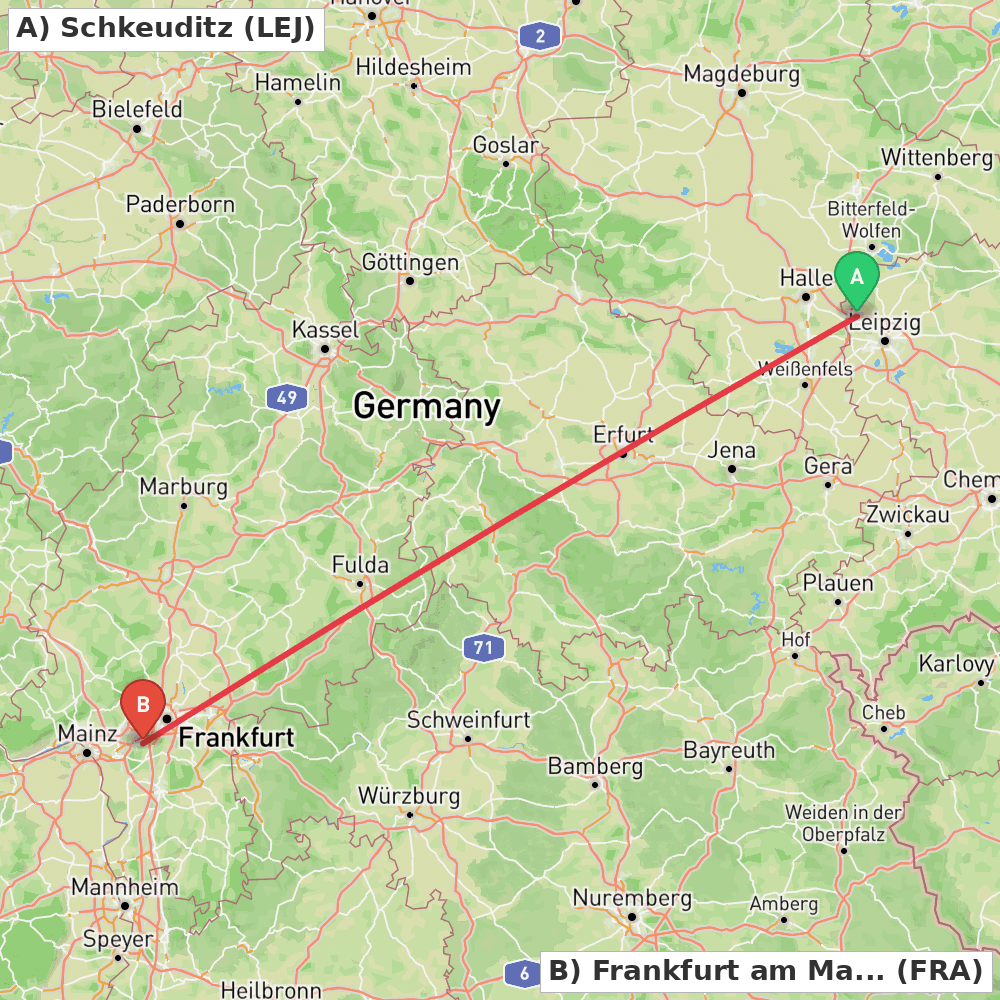 Flight route map from Schkeuditz to Frankfurt am Main