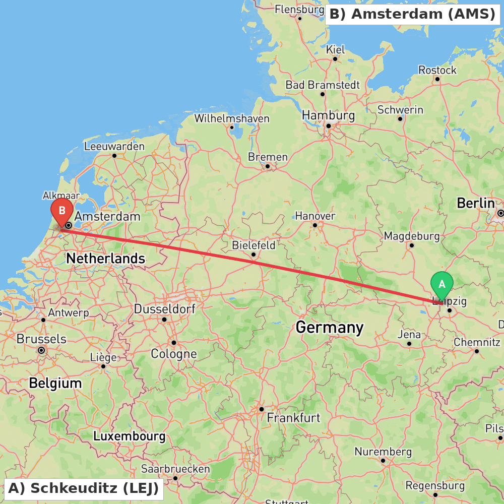 Flight route map from Schkeuditz to Amsterdam