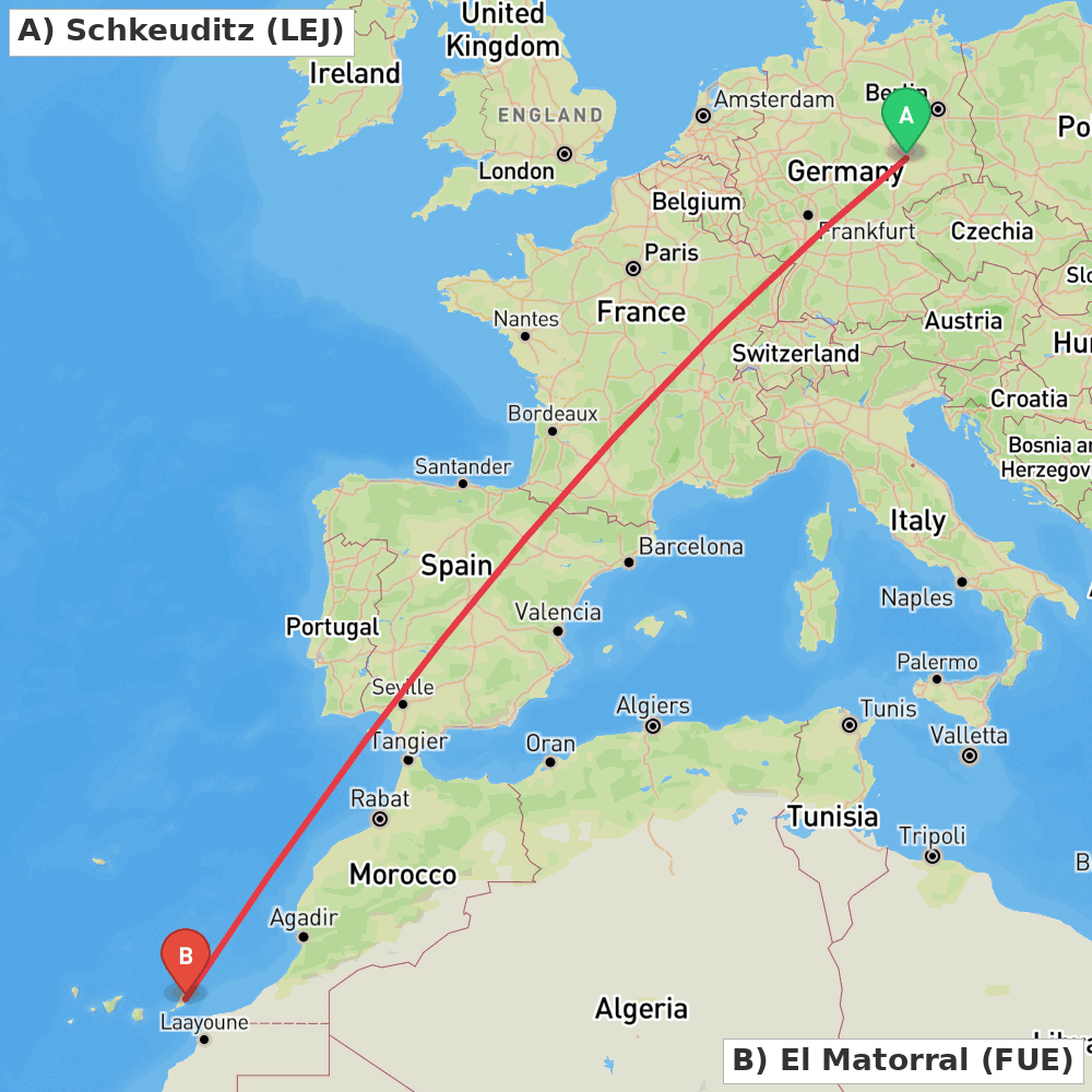 Flight route map from Schkeuditz to El Matorral
