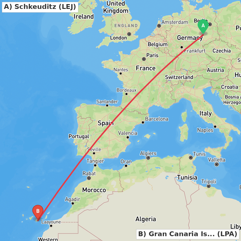 Flight route map from Schkeuditz to Gran Canaria Island