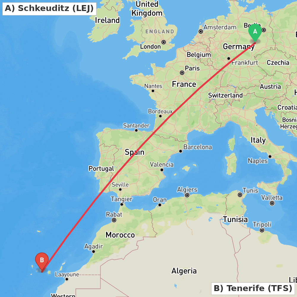 Flight route map from Schkeuditz to Tenerife