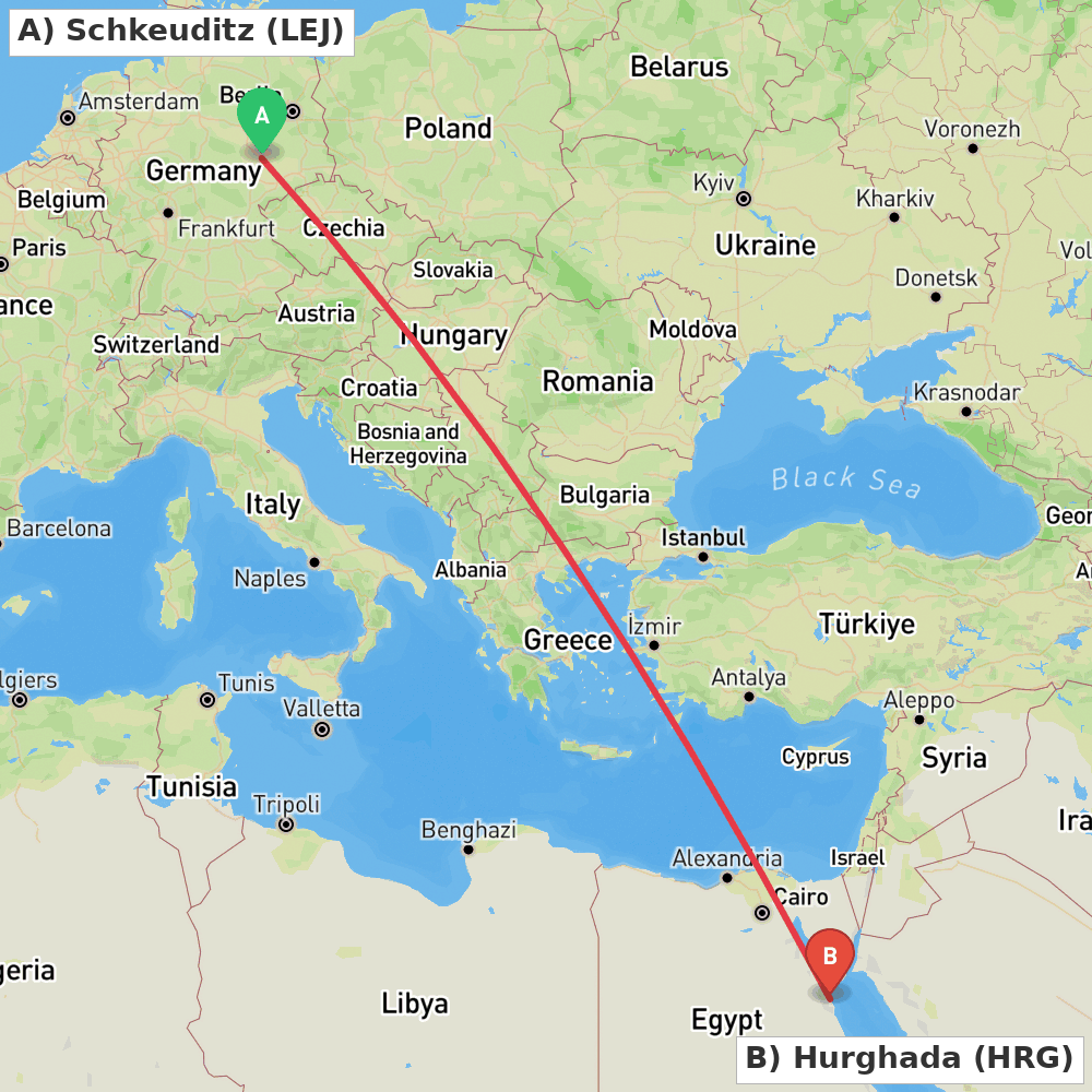 Flight route map from Schkeuditz to Hurghada