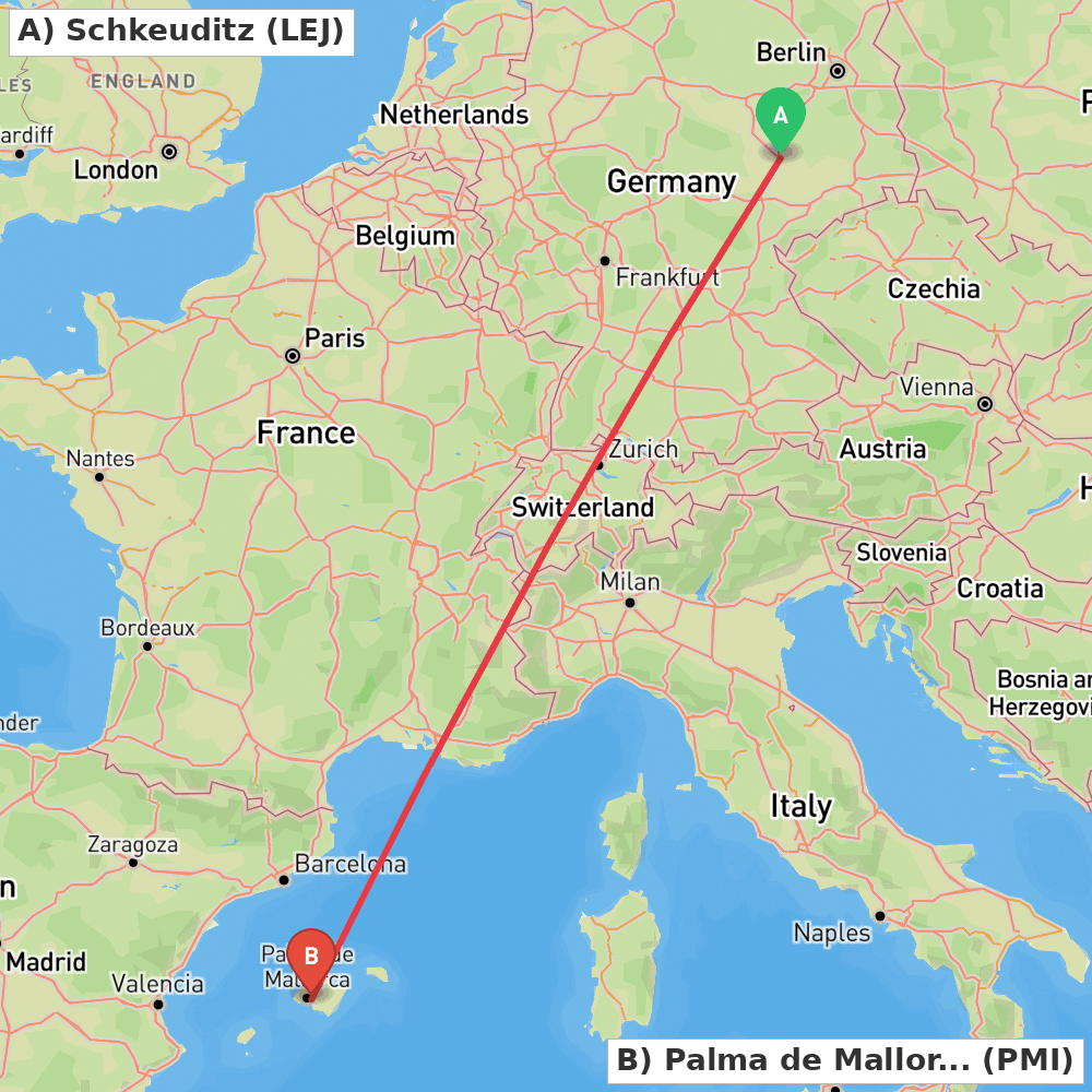 Flight route map from Schkeuditz to Palma de Mallorca