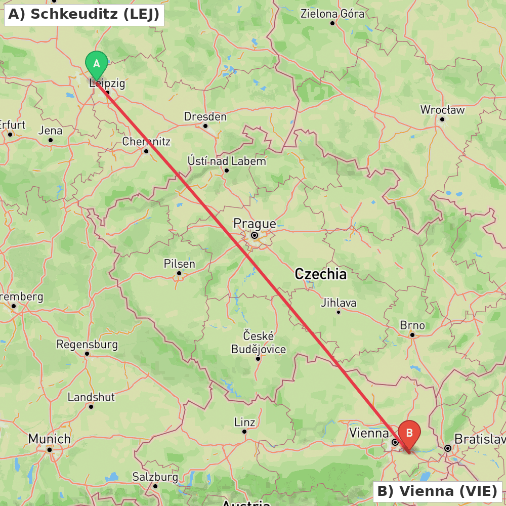 Flight route map from Schkeuditz to Vienna