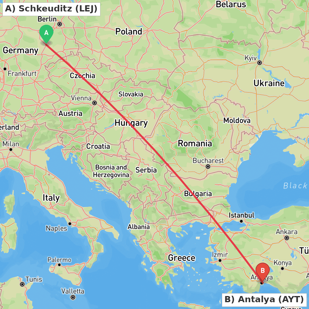 Flight route map from Schkeuditz to Antalya