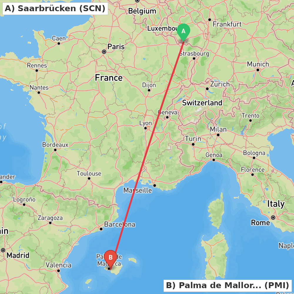 Flight route map from Saarbrücken to Palma de Mallorca