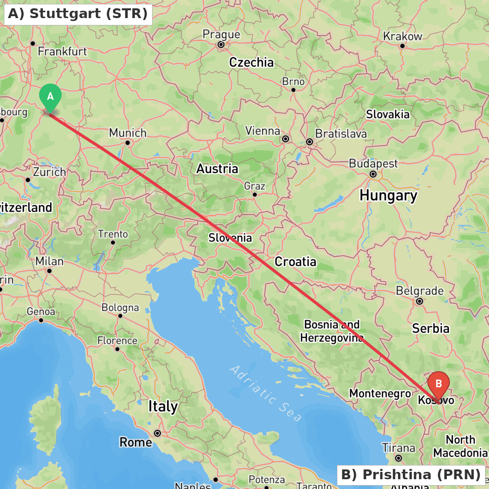 Flight route map from Stuttgart to Prishtina