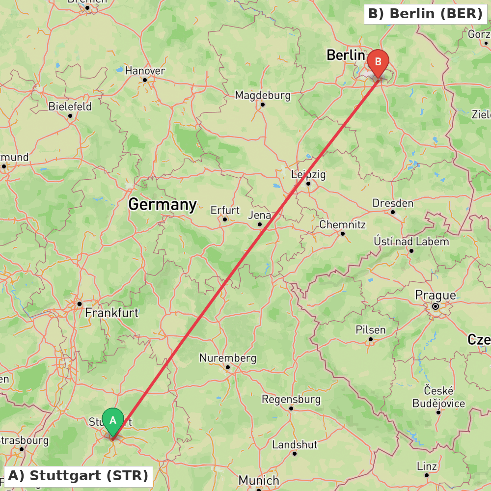 Flight route map from Stuttgart to Berlin