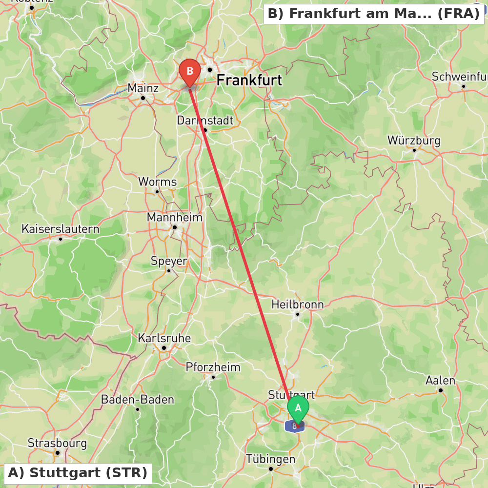 Flight route map from Stuttgart to Frankfurt am Main
