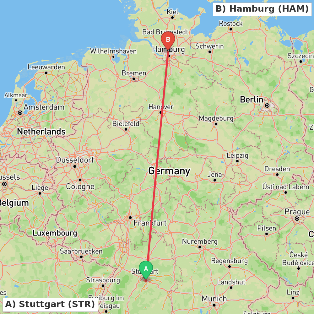 Flight route map from Stuttgart to Hamburg