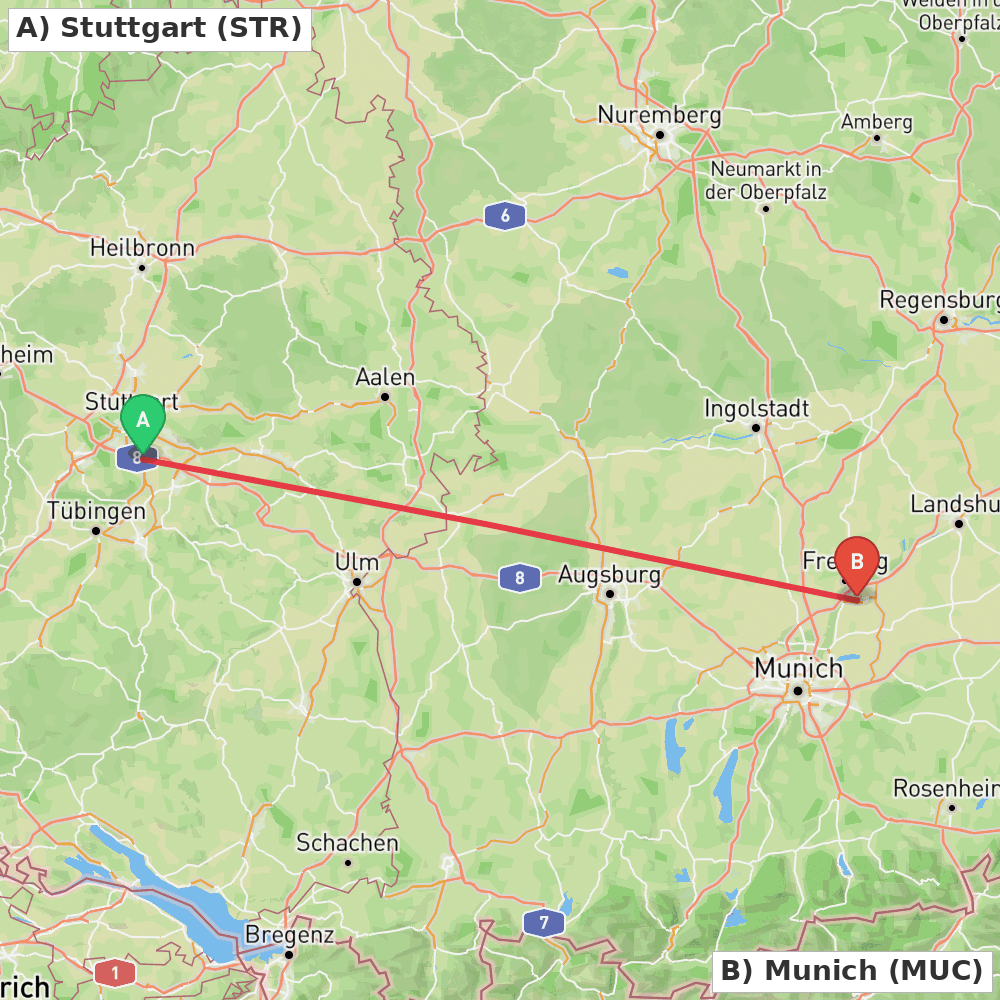 Flight route map from Stuttgart to Munich