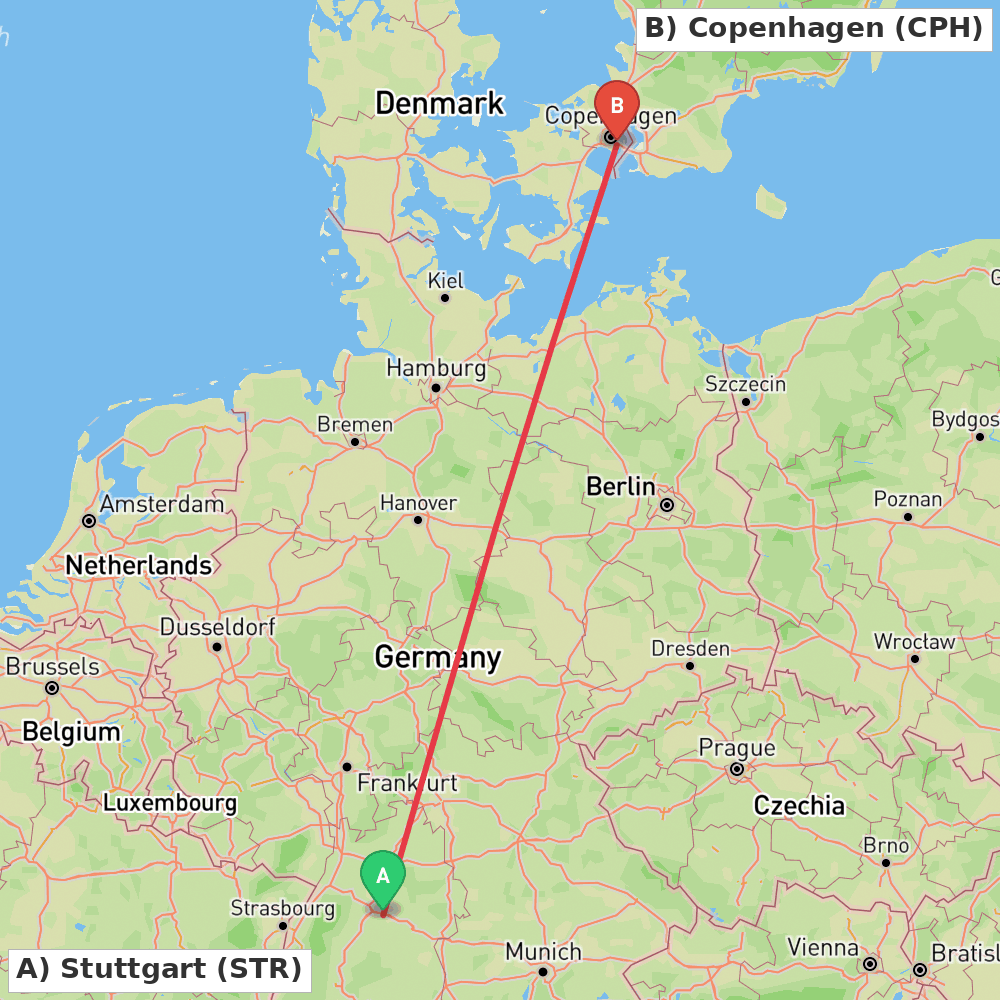 Flight route map from Stuttgart to Copenhagen