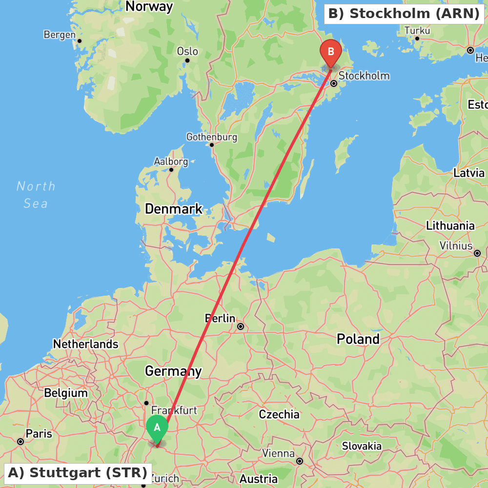 Flight route map from Stuttgart to Stockholm