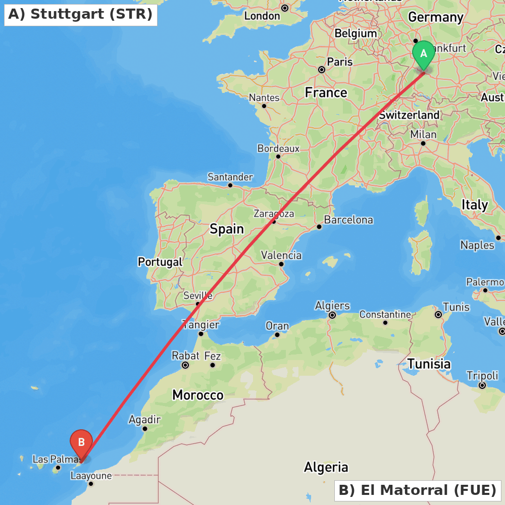 Flight route map from Stuttgart to El Matorral