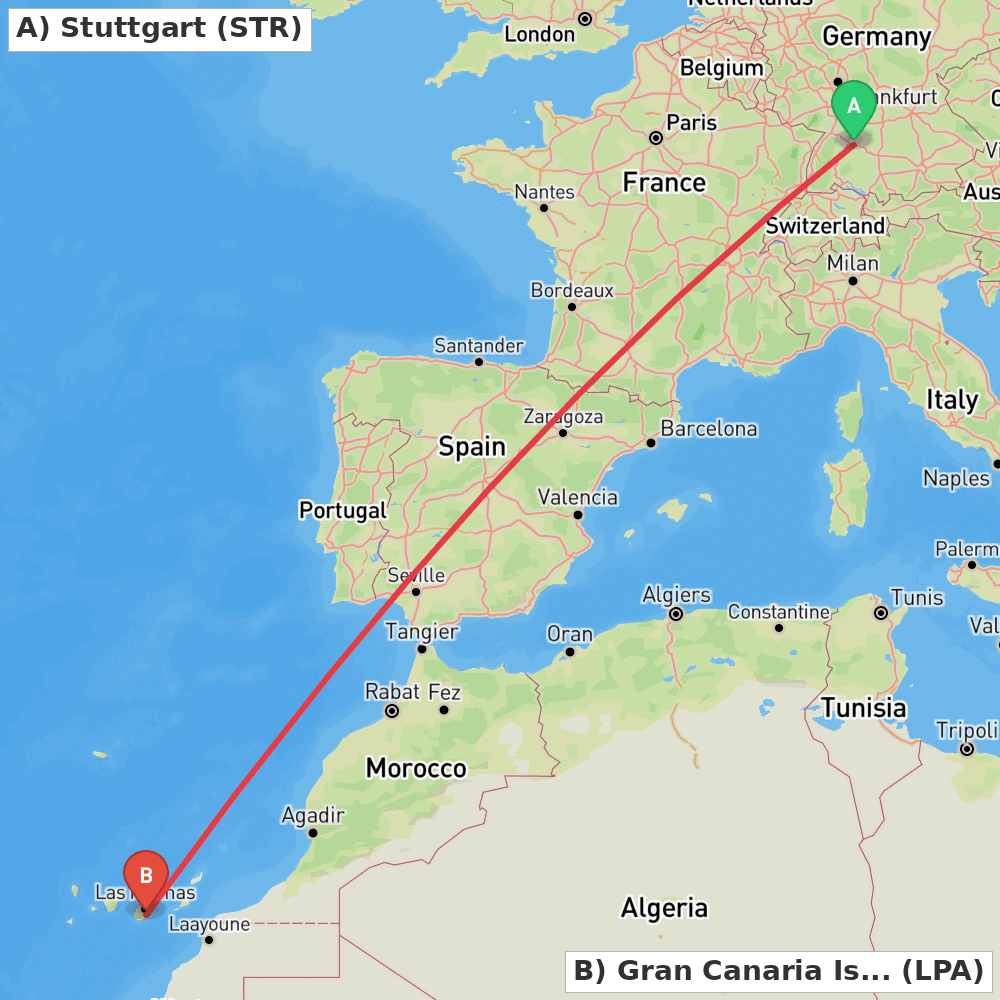 Flight route map from Stuttgart to Gran Canaria Island