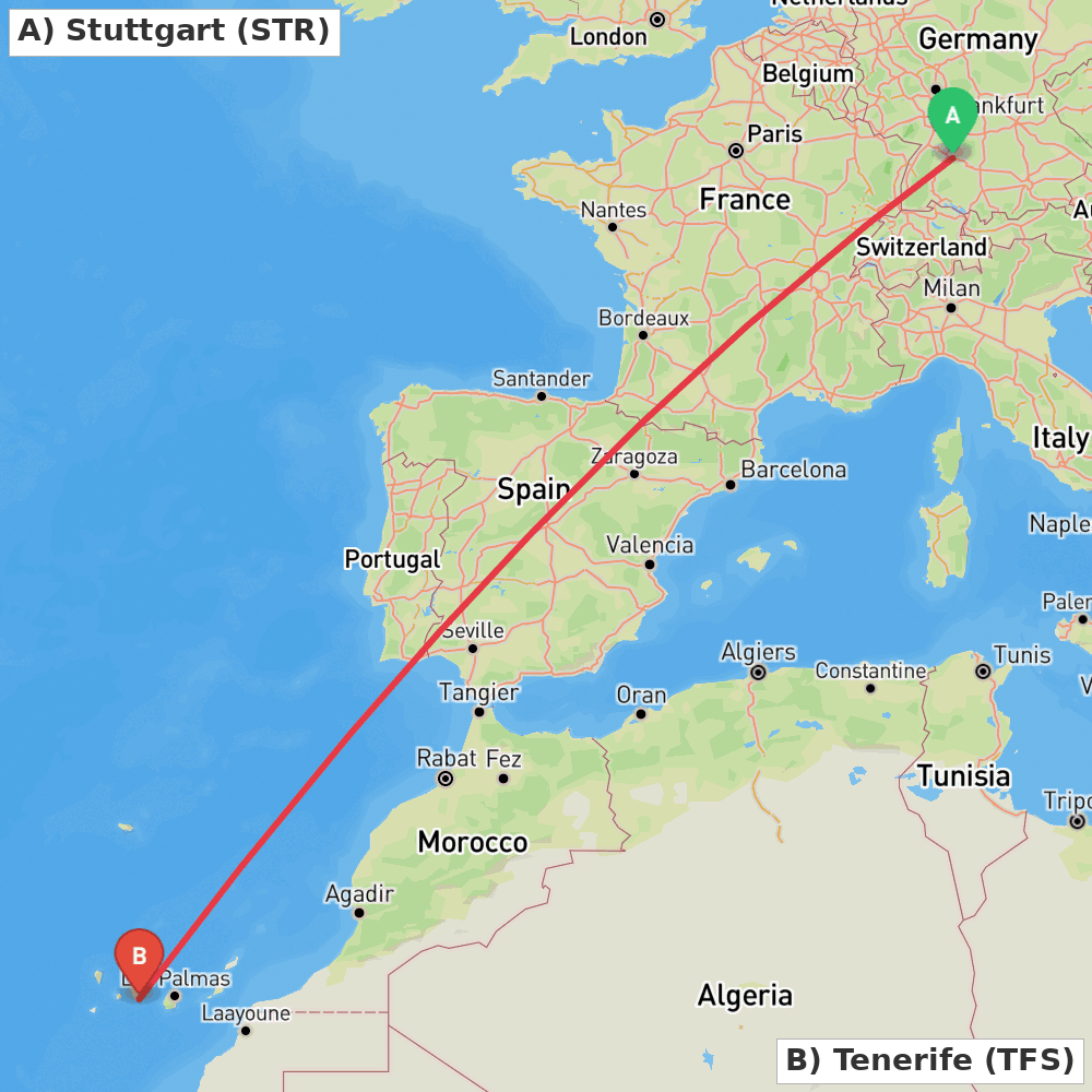 Flight route map from Stuttgart to Tenerife