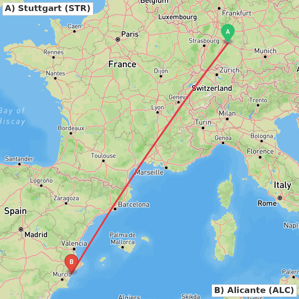 Flight route map from Stuttgart to Alicante
