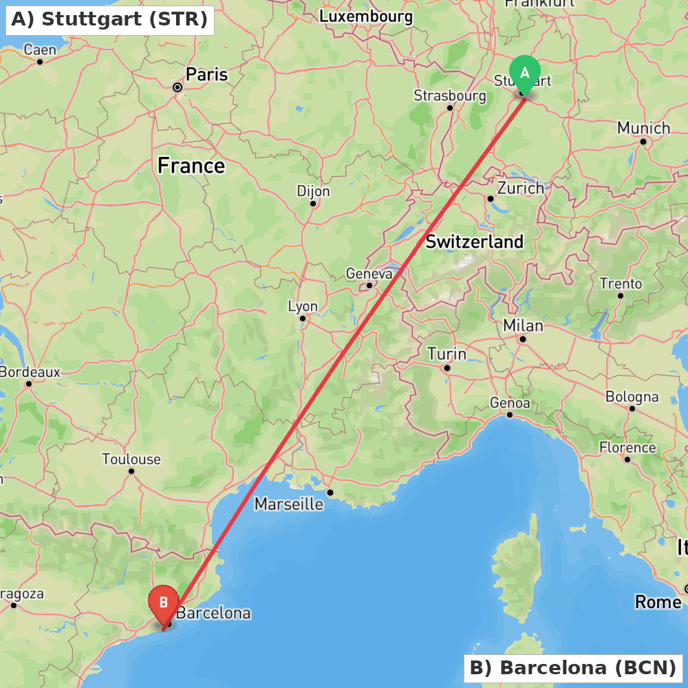 Flight route map from Stuttgart to Barcelona